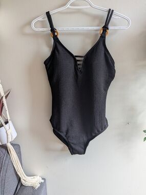Krista Black Textured One-Piece Women's Swim Bodysuit with Ladder Front